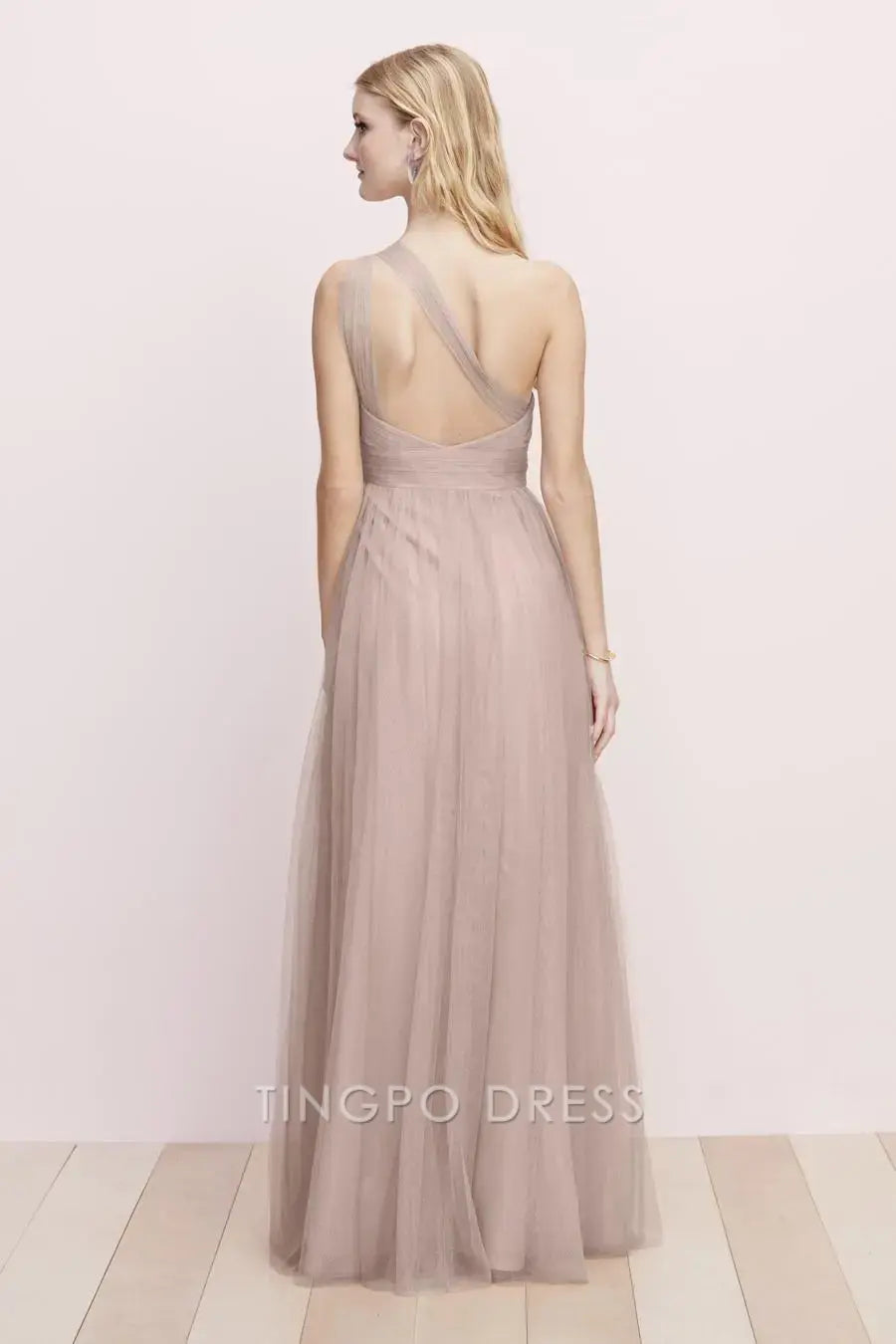TingPo Wholesale Elegant Nude Pink One - Shoulder Dress - Tulle Tie - Waist Maxi Evening Gown
